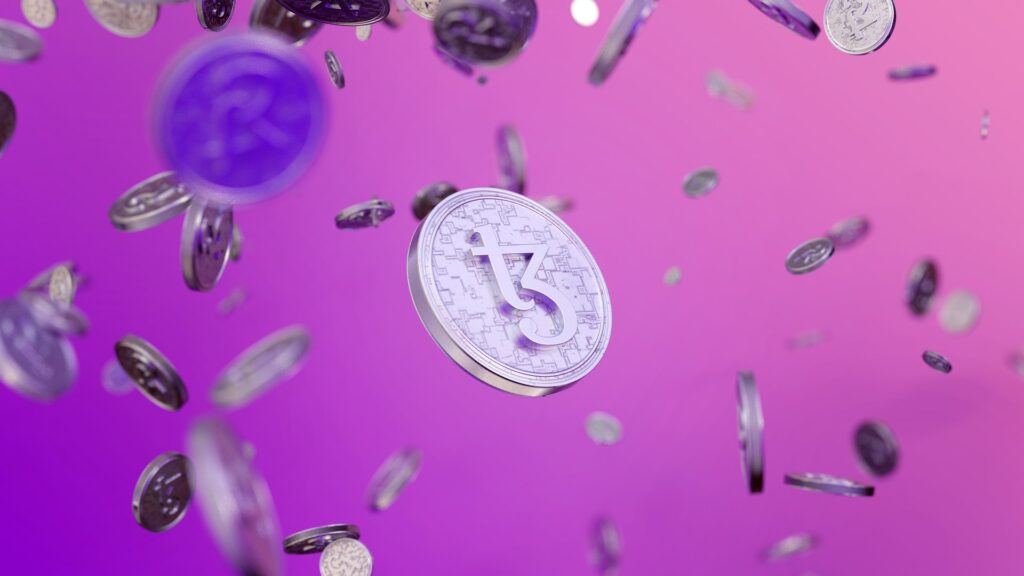 Imagem de moeda digital com fundo roxo