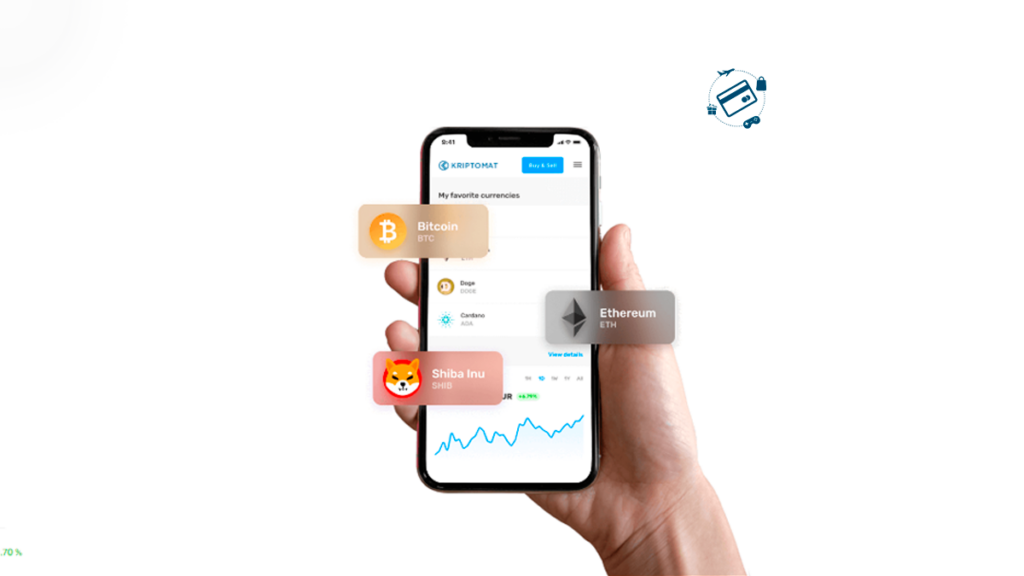 Mão segurando celular, tela do celular mostrando corretora Kriptomat com algumas crypto em efeito 3D (Bitcoin, Ethereu e Shiba Inu)