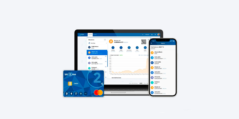 Telas de computador e celular com a corretora Bit2me e cartão