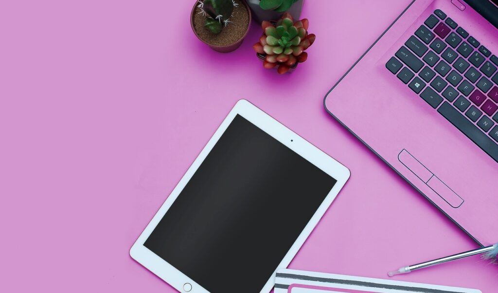Vasinhos de plantas sobre mesa colorida. Sobre a mesa também notebook e tablet, que podem ser usados para solicitar o crédito Santander Totta