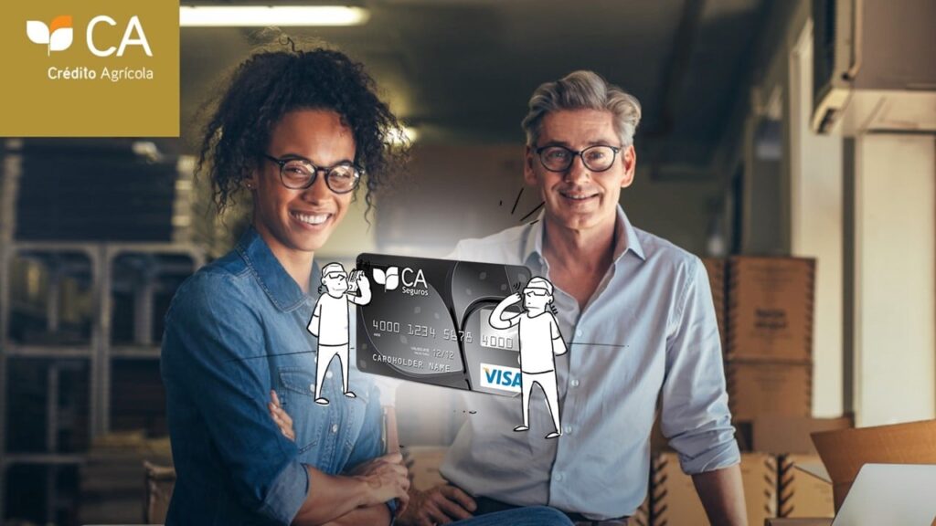 Homem e mulher sorrindo e desenho de cartão CA Seguros