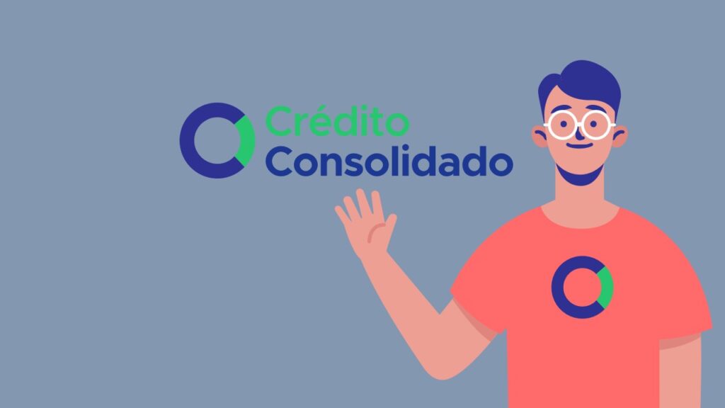 Desenho de homem dando tchau e logo do simulador créditoconsolidado.pt