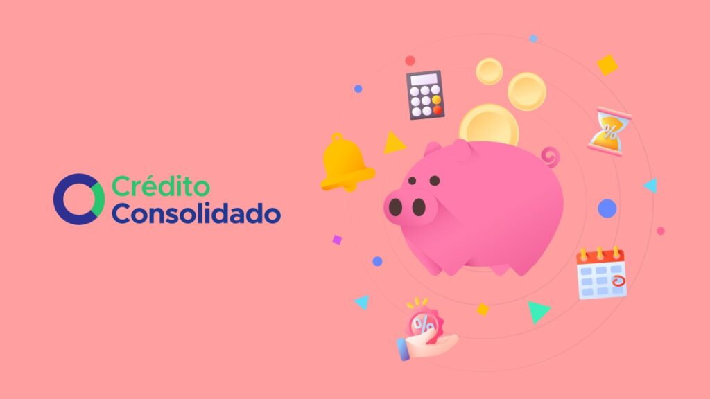 Desenho de porquinho de dinheiro com itens em volta e logo do simulador créditoconsolidado.pt