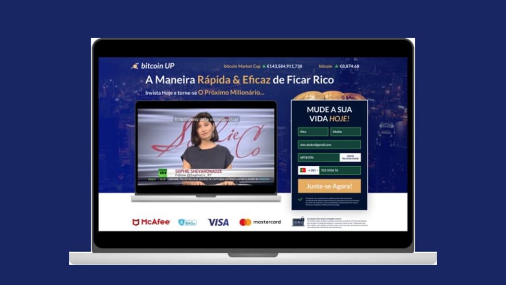 Notebook aberto com site Bitcoin Up