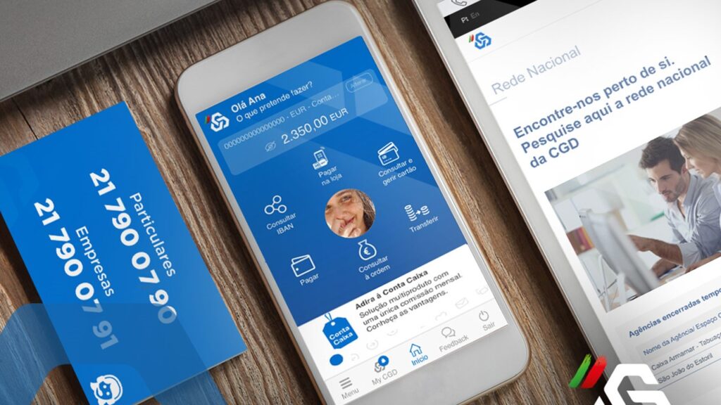 Celular e tablet com app do banco CGD aberto